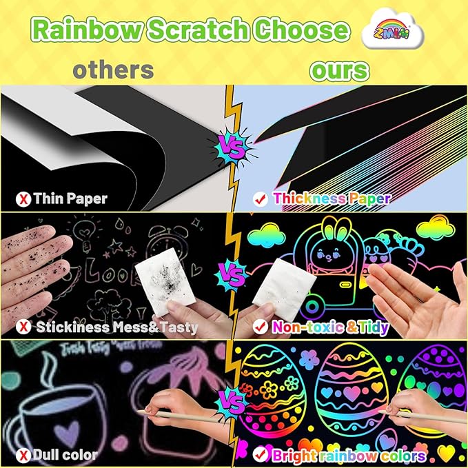 ZMLM Easter Arts Crafts Gifts for Kids: 100PCS Rainbow Scratch Paper Art Gifts for Girls Boys Ages 4-8 8-12, Easter Basket Stuffers for Kids Birthday Toys and Games Activities Gift (Yellow)