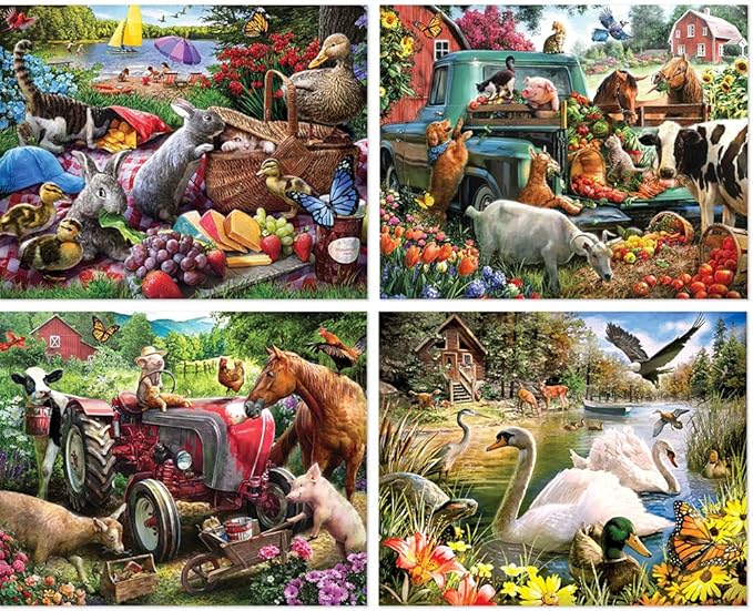 Bits and Pieces – 4-in-1 Multipack Jigsaws 500 Piece Puzzles for Adults - Puzzles Measures 18" x 24" – Picnic Surprise Pickup Tractor Summer Retreat 500 pc Multipack Jigsaws by Artist Larry Jones