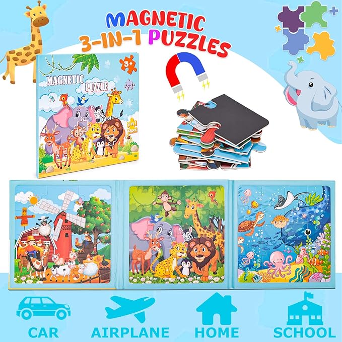 LovesTown Magnetic Puzzles Book Animal Educational Learning Toys Travel Game for Toddlers Boys and Girls Road Trip Activities