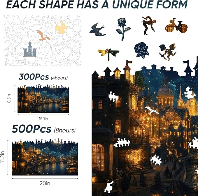 Jiroinlly Wooden Puzzles for Adults 500 Pieces, Brilliant Town, 5MM Thick Adult Jigsaw Puzzles, Unique Shaped Puzzle for Family and Friends, Home Wall Decor, Exquisite Packaging Gift, 11.2x20 in