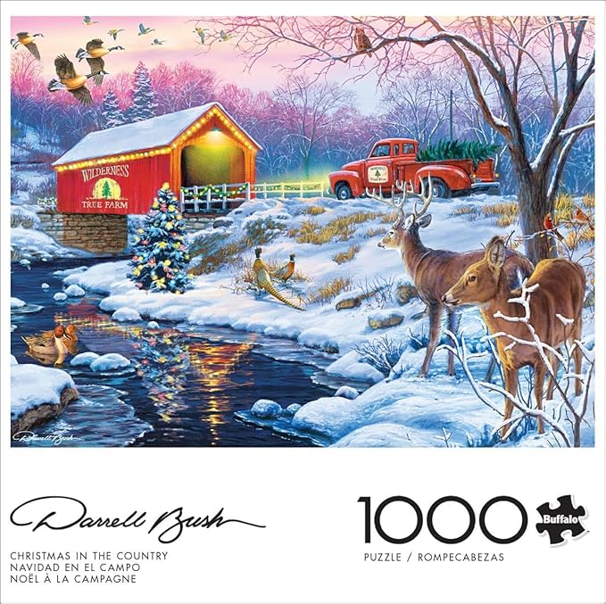Buffalo - 1000 Piece Darrell Bush Christmas in the Country Jigsaw Puzzle - Winter, Holiday Scene with Deer and Christmas Tree - Challenging Puzzles for Adults and Families
