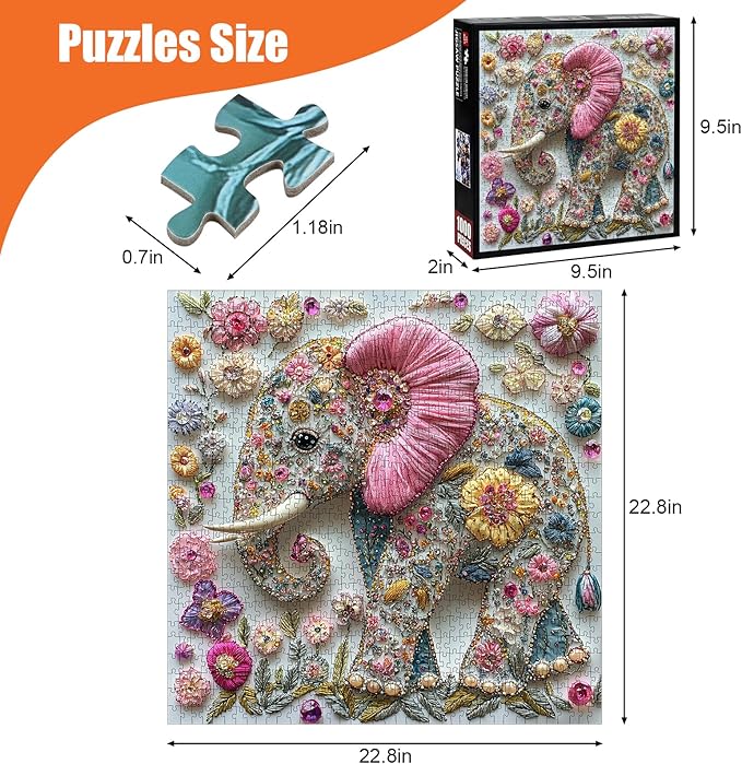 Elephant Jigsaw Puzzles for Adults 1000 Pieces - Beautiful Elephant Diamond Art Puzzle, Cute Animal Floral Crystal Jigsaw Puzzles with Letters on Back, Challenging Puzzle Games Gift for Teens Adults