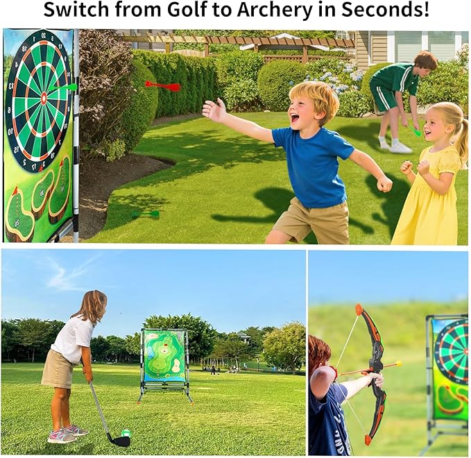Golf Chipping Game with Stand, Multi-Sport Golf Practice Set with Archery,Hatchet,Darts,Double-Sided Hitting Mat for Backyard Fun, Indoor/Outdoor Sports Toy for Kids & Adults