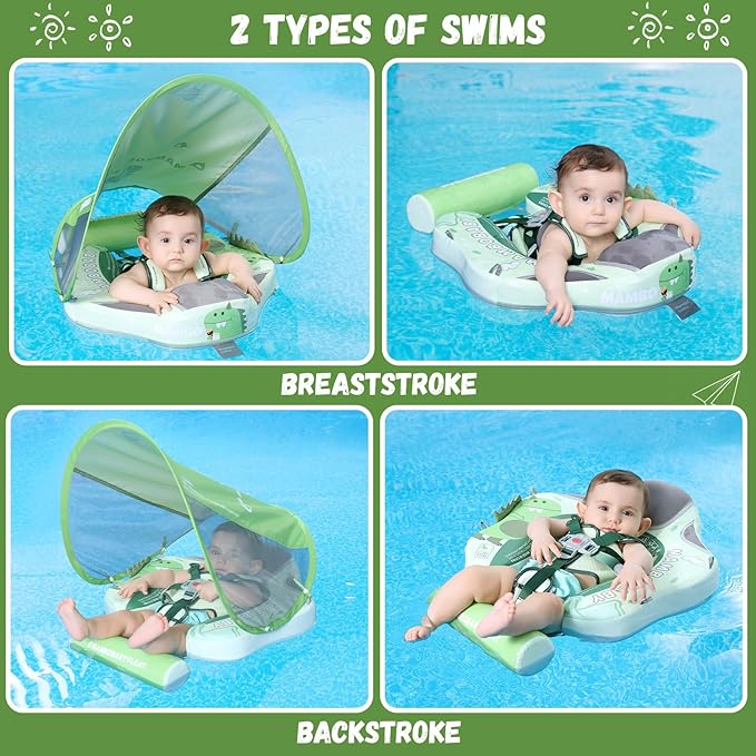 Mambobaby Baby Swim Float with Canopy Non-Inflatable Infant Pool Float with Tail 3-24 Months Avoid Flip Solid Skin-Friendly Material for Toddler Boys Girls
