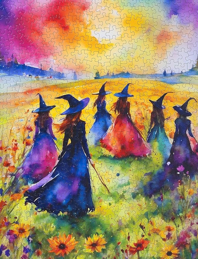 Springbok's Witches Gathering 500 Piece Puzzle for Adults is a Watercolor Image of Witches Gathering in a Blossoming Field