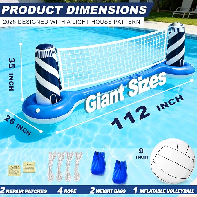 Inflatable Pool Games Volleyball Net Pool Float Set with 19" Beach Ball, Lighthouse Design – Floating Swimming Water Sports Toys for Adults, Perfect for Summer Pool Party Supply (112"X26"X35")