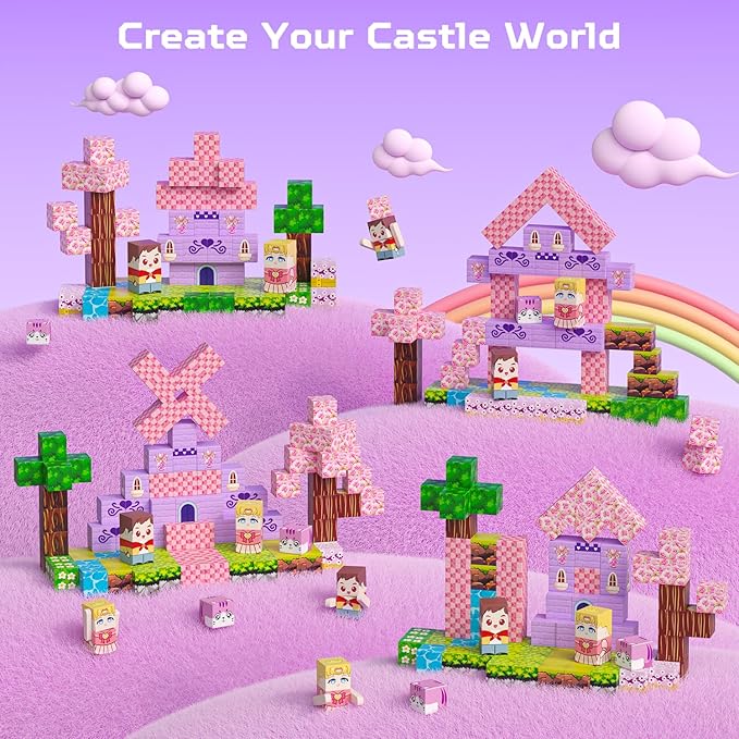 100PCS Magnetic Blocks, Magnetic Building Blocks for Kids Age 4-8, Pink Princess Castle Toys for Girls, STEM Sensory Birthday Gift for Kids Age 3+ Years Old