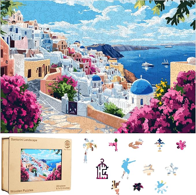 Mys Aurora Scenery Puzzles for Adults, Santorini Wooden Puzzles, 200 Pieces Unique Shaped Jigsaw Puzzle Birthday Gift Challenging Family Game for Kids and Adults 12.6 * 8.6 inch