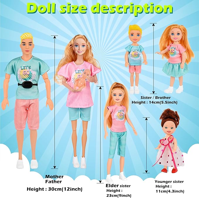 Family Dolls Set of 7 People Include Pregnant Mom Dad 4 Kids, a Small Baby in Mommy's Tummy,a Puppy Dog and a Little Horse, Doll Playsets and Accessories for 3-12 Years Old Toddlers Gift