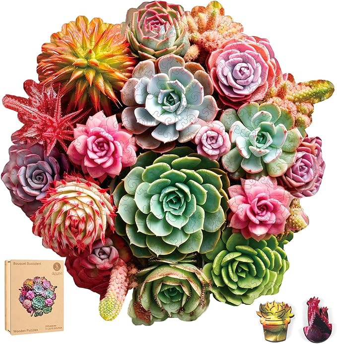 Delobil Succulent Bouquet Wooden Puzzles for Adults, 200 Pieces Mandala Round Jigsaw Puzzles, Medium Size Unique Shaped Wood Puzzle Gift for Kids, Family Game 11.2'' x 10.9''