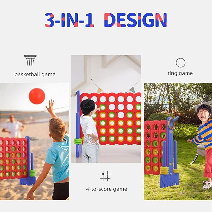 UNICOO Giant 4-in-a-Row Game with Carry Bag, 3-in-1 Jumbo 4-to-Score Outdoor Yard Game with Basketball Hoop, Ring Toss, Quick-Release Slider, 42 Rings, Family Party Game for Kids & Adults