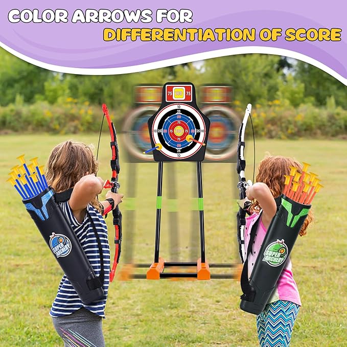 2 Pack Bow and Arrow Set with Moving Standing Target& 2 Colors 20 Suction Cup Arrows, Light Up Archery Toys for Kids age 4-12 Years Old Boys Girls Indoor and Outdoor, Birthday Gifts Christmas ideas