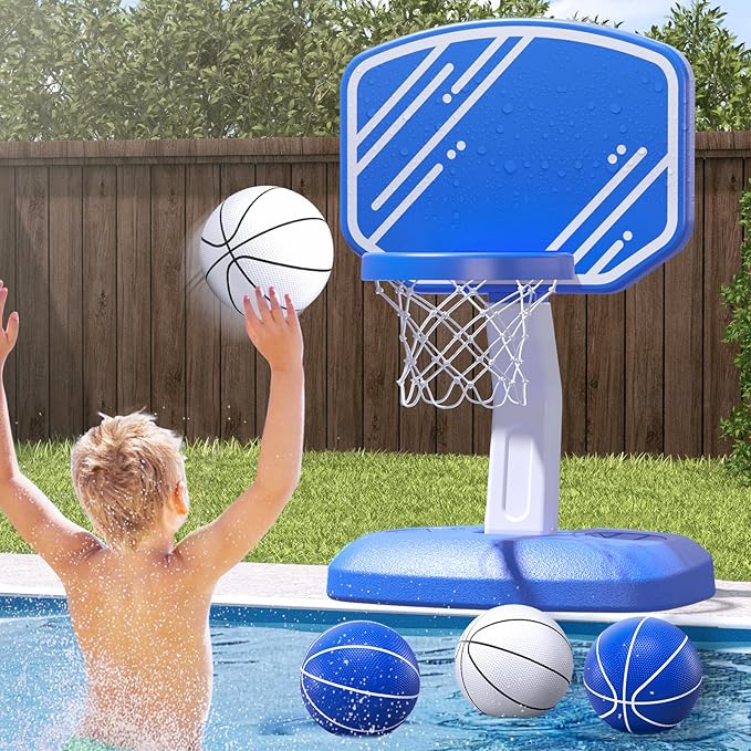 Pool Basketball Hoop, Poolside Basketball Hoop for Swimming Pool, Includes 4 Balls and Pump, Adjustable Height Indoor Outdoor Play, Pool Toys Game for Kids