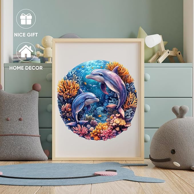 Qiuenisray Wooden Puzzles for Adults 500 Pieces, Dolphins Wood Jigsaw Puzzles, FSC Certified Royal Unique Shape Ocean Adult Puzzles, Irregular Creative Gift for Family Game 16.5 x 16.5 in