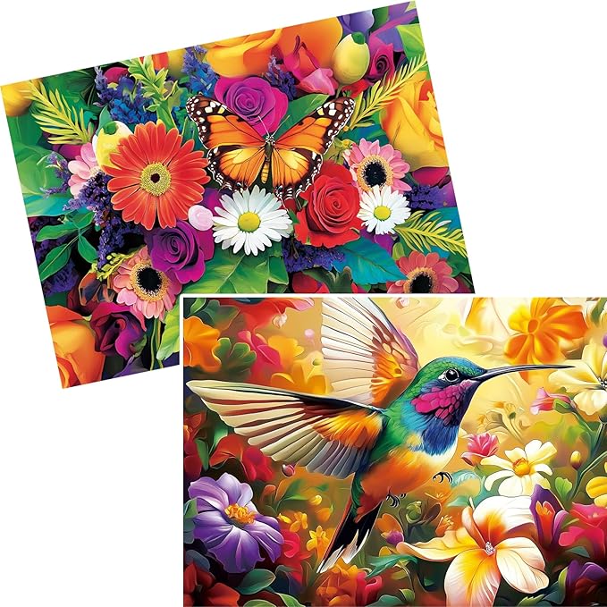 2-Pack 500 Pieces Puzzles for Adults, Flower Hummingbird Puzzles 500 Pieces Butterfly Jigsaw Puzzles for Adults, Birthday Party for Family, Game Nights Gifts