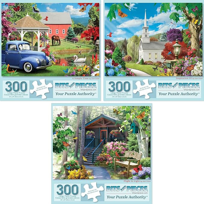 Bits and Pieces - Value Set of Three (3) 300 Piece Jigsaw Puzzles for Adults - Measures 18" x 24" - 300 pc Inspiration Simple Time Flight in Light Flower Nature Spring Jigsaws by Artist Alan Giana