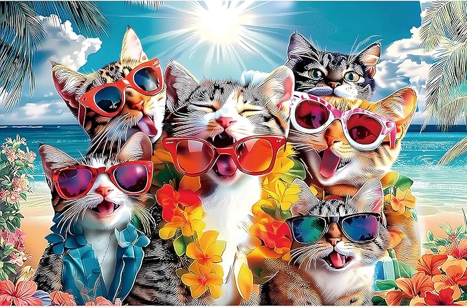 MINIWAN 500 Piece Puzzles for Adults - Cool Beach Cats Sunglasses Jigsaw Puzzle, 23x15 Inches with Unique Irregular Shaped Pieces for Relaxation & Home Wall Decor
