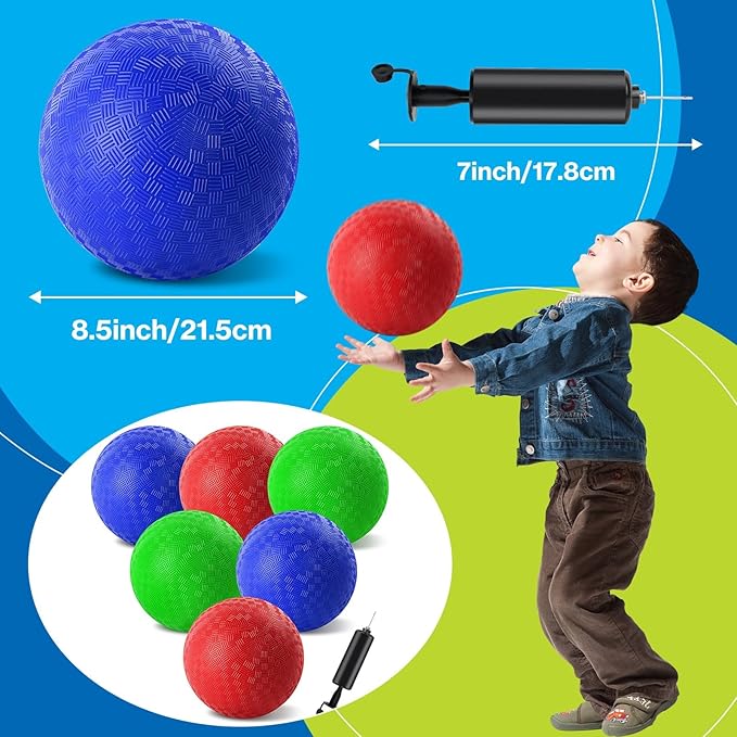 6 Pcs Dodgeballs 8.5 Inch Playground Ball 3 Colour Kickball Inflatable Rubber Handball Bouncy Dodge Ball with 1 Hand Pump for Outdoors Games Gym Camps Picnic (Needle is at The Top of the Pump)