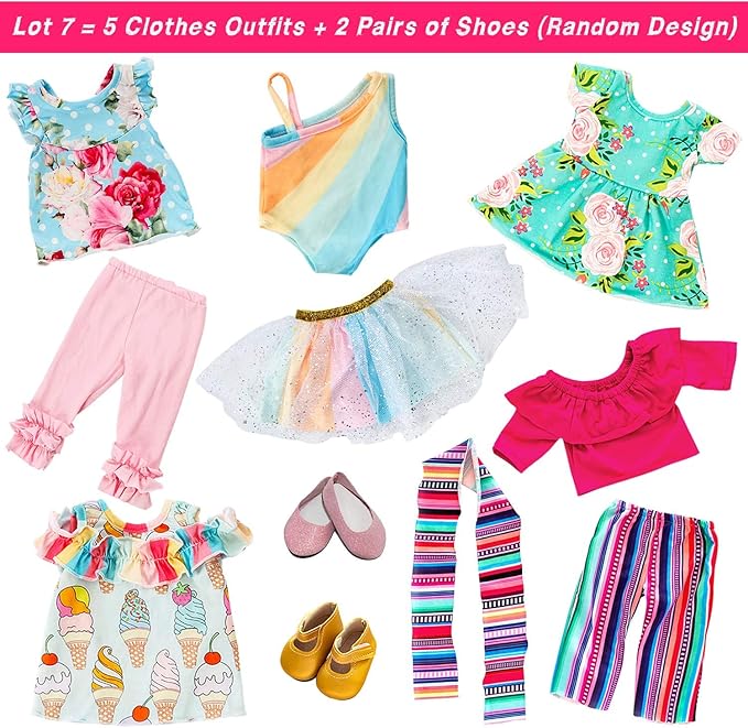 ZITA ELEMENT 11 Pcs American Doll Clothes Dress and Accessories for 18 inch Doll - 5 Sets Outfits + 2 Pairs Random Style Shoes