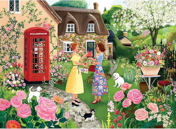 300 Piece Puzzles for Adults,Cottage Garden Puzzle for Adult Kids Seniors,Large Piece Woman Date Chat Puzzle for Kids Ages 8-10 10-12,Floral Red Phone Booth Puzzles Perfect for Game Night,20.5x15 in