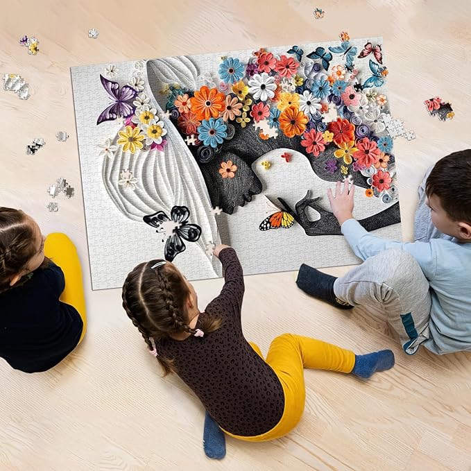 Flower Woman Puzzle for Adults 1000 Pieces, Butterfly Fairy Girl Jigsaw Puzzle, Colorful Floral Women Paper Art Puzzles as Home Decor