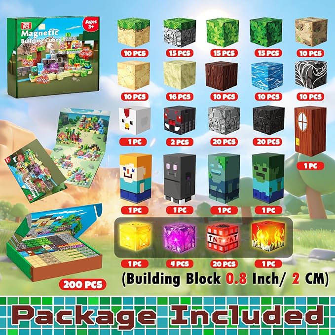 200PCS Magnetic Blocks with Light-Up Blocks - Magnetic Building Blocks Playset, Magnetic Stacking Cube Toys, STEM Sensory Montessori Learning Toys, Easter Birthday Gifts for Kids Boys and Girls Age 3+