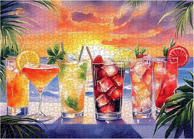 Summer Beach Puzzles for Adults 1000 Pieces, PICKFORU Colorful Seaside Holiday Jigsaw Puzzles Sunset Scene, Impossible Challenging Rainbow Drinks Theme as Home Decor