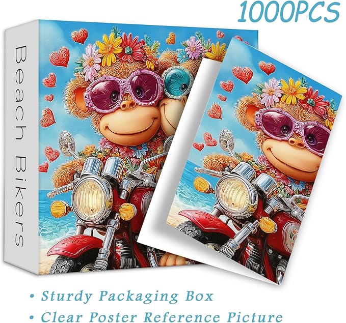PICKFORU Cute Monkey Jigsaw Puzzles 1000 Pieces, Summer Seaside Motorcycle Puzzles for Adults, Funny Beach Bikers Puzzle