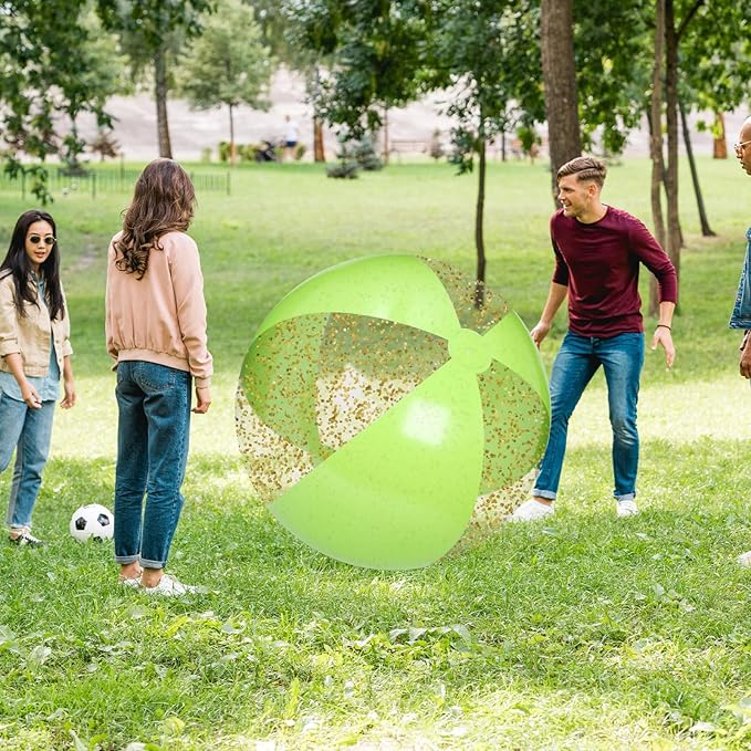 Realspring 2 Pcs 48'' Giant Beach Balls for Swimming Pool 4 Ft Jumbo Glitter Confetti Inflatable PVC Pool Balls Large Summer Blow up Beach Toys for Adults Summer Outdoor Party Favor(Green)