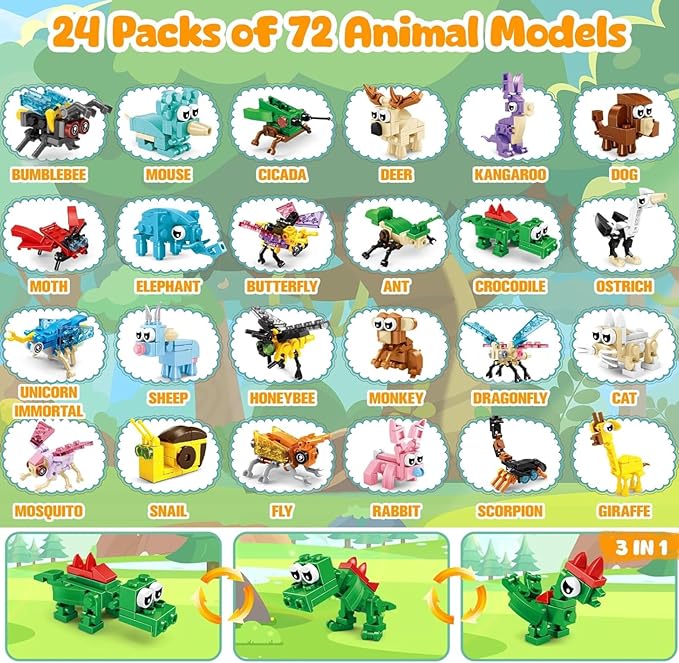 24 Packs Building Sets for Kids,3 in 1, 72 Kinds of Transformable Building Block Toy,Compatible with Mini Lego Animals,Classroom Student Prizes Christmas Birthday Gifts for Kid Age 6+