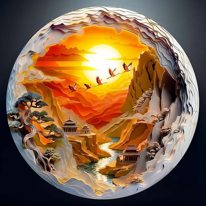 Round Jigsaw Puzzle 1000 Pieces - 3D Paper-Cut Style Golden Sunset - 26.6" Circular Challenge, Oriental Crane Landscape, Mindful Stress Relief Gift