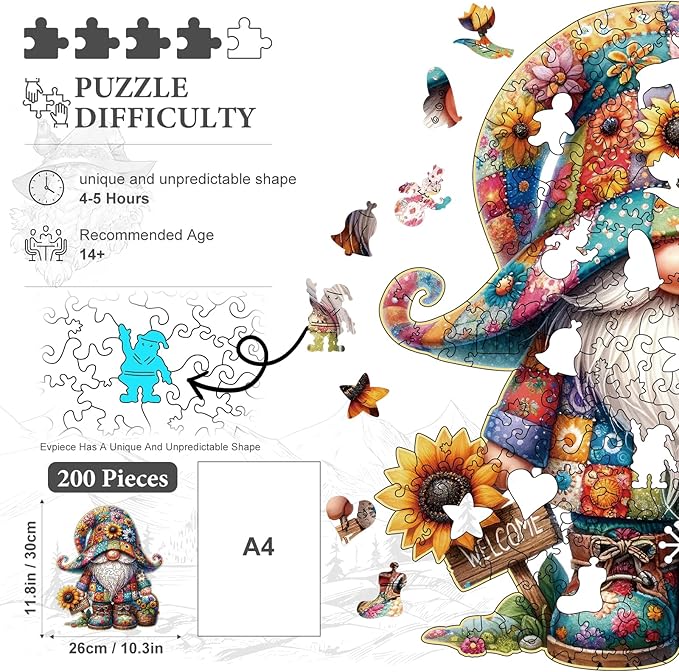 Wooden Jigsaw Puzzles, Gnome Wooden Puzzles for Adults with Unique Shape, Medium 10.3"x11.8" Wooden Puzzles with Exquisite Wooden Box Packaging
