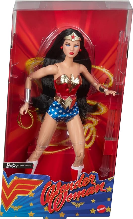 Barbie Signature Doll, Wonder Woman Collectible with Doll Stand in Red and Blue Tank Suit with Golden Accessories Like Lasso, Headpiece and Belt