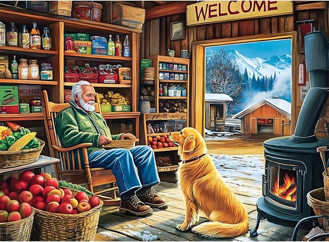 500 Pieces Puzzle for Adults, Country Shop Puzzle for Adult, Elder Man and Golden Dog Jigsaw Puzzle 500 Pieces, Fun and Challenging Family Game Great Gift Idea, 20.5 * 15 in