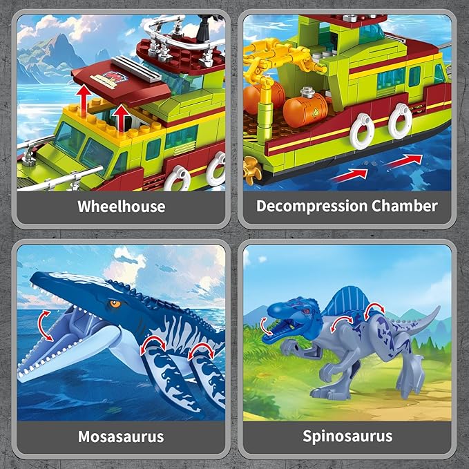 3 in 1 Sea Dinosaur Building Blocks Kit Set, Compatible with Lego Dinosaur World Park Spinosaurus Mosasaurus Discovery Crossing Ocean World Building Set, Boat STEM Toys Gift Kids Adults Boys Age 8-12