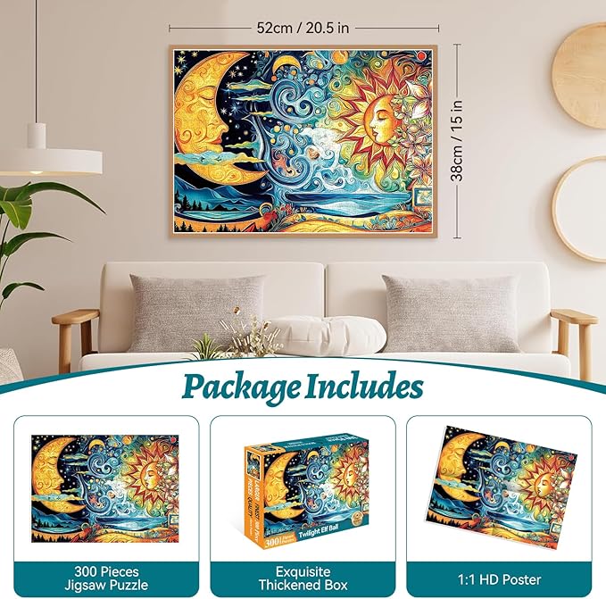 300 Piece Puzzles for Adults, 300 Piece Puzzles for Adults Large Piece, Fantasy Sun Moon Jigsaw Puzzle, Funny Gift for Adult Kids, Challenging Puzzle Perfect for Game Nights, 20.5 X 15 in