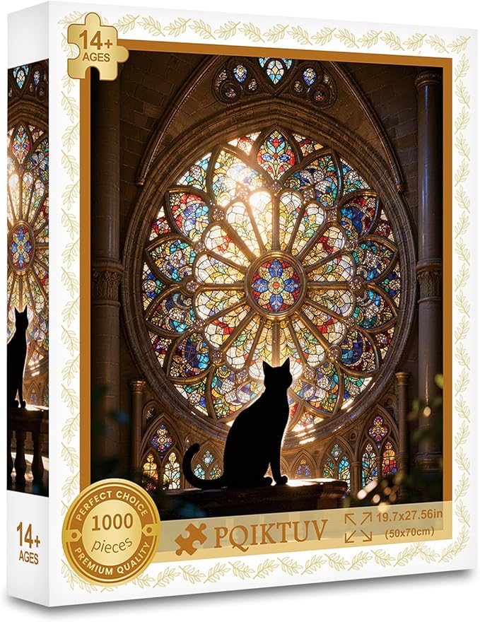 1000 Piece Jigsaw Puzzle, Black Cat Silhouette in Cathedral Stained Glass Window, Gothic Church Art Puzzles, with HD Poster, Storage Bag & Gift Box, Family Puzzle Decoration(27.56x19.7 Inch)