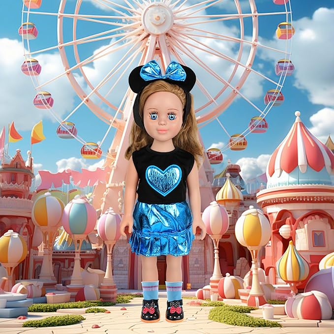 MSYO 18 Inch Doll Pretend Play Set-9 Pcs Party Dress Up Collection with Polka Dot Dress,Bow Headband,Pearl Accent Necklace,Shoes & Glasses for 18 Dolls(Blue)