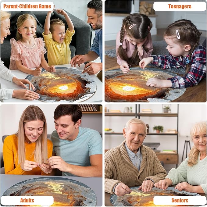 3D Stereo Visual Puzzles for Adults 1000 Pieces - Unique Dawn Cave Round Jigsaw Puzzle Stereo Effect, Beautiful Canyon Sunset Landscape Puzzle with Letters on Back, Challenging Hard Difficult Puzzles