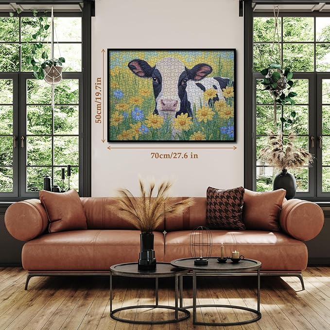 Sunflower Cow Painting Jigsaw Puzzle 1000 Piece for Adult, Animal Flower Plant Nature Jigsaw Puzzles, Funny Art Beautiful Landscape Puzzle