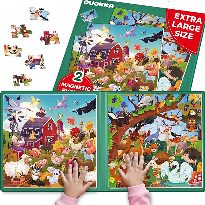 QUOKKA Magnetic Puzzles for Toddlers 2-4 – 2x48 Pieces Travel Games for Kids Ages 3-5 – Forest & Farm Animals Magnetic Puzzles for Kids Ages 4-8 – Educational Puzzle Gift Toy for Boys and Girls