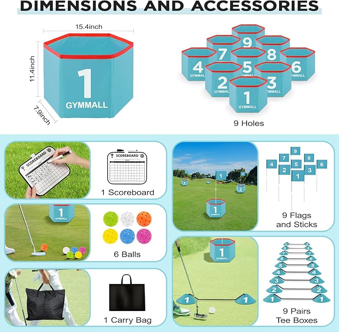 Golf Bucket Yard Game - Backyard Set for Kids, Adults and Family - Outdoor and Indoor Portable 9 Holes Course With Balls, Flags and Carry Bag for Lawn, Park, Beach and Hotel - Blue