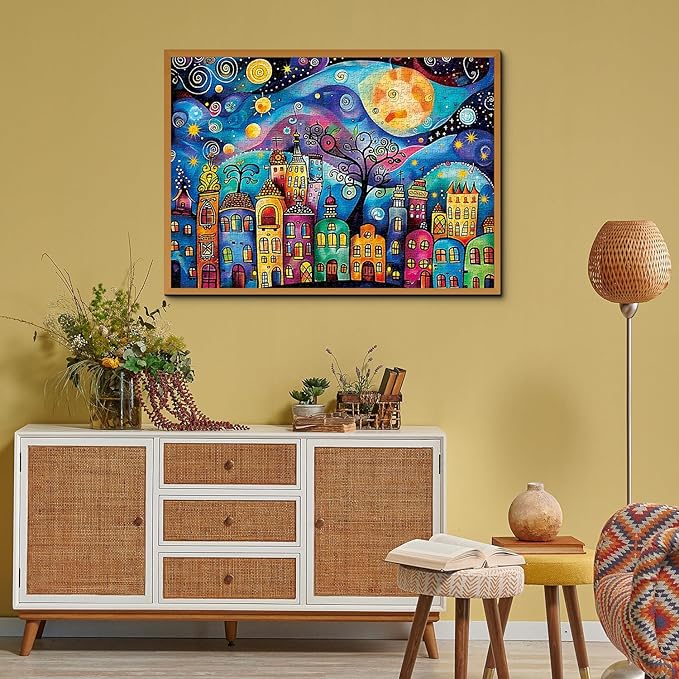 Colorful Houses Puzzles for Adults 1000 Pieces, Village Night Landscape Jigsaw Puzzles, Fantasy Abstract Starry Sky Puzzle as Nature Decor