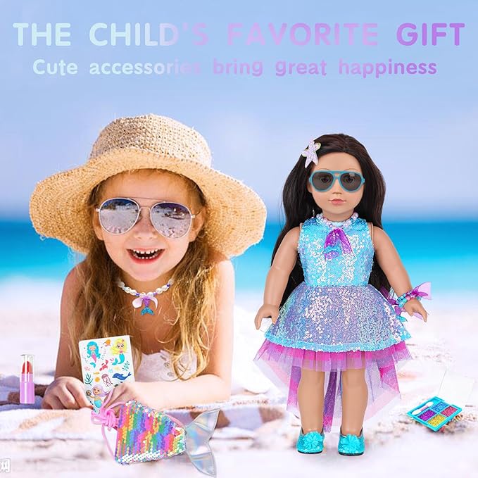 American 18 Inch Doll Makeup Accessories and Mermaid Clothes Set,Included 2 Pieces Clothes,Mermaid Messenger Bag,Starfish Hairpin,Lipstick,Necklace,Bracelet,Eye Shadow and Sticker(NO Doll and Shoes)
