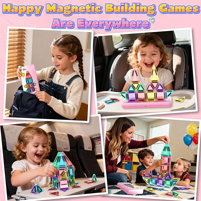 Mini Magnetic Tiles Toddler Travel Essentials Set with Case, Magnetic Blocks Building Montessori Educational Learning Sensory Preschool Toys for 3+ Year Old Boys Girls Birthday Gifts