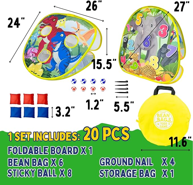 2-in-1 Dinosaur & Animal Bean Bag Toss Game – Double-Sided 27" Target Board with 6 Bean Bags – Outdoor & Indoor Toy for Toddlers & Kids Ages 3-6 – Birthday Gift - Amazon Exclusive