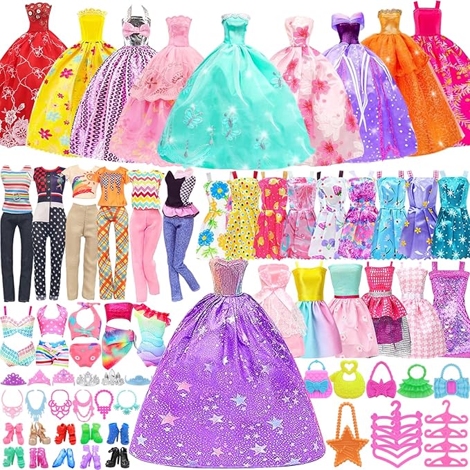100 Pcs Doll Clothes and Accessories for 11.5 Inch Girl Dolls Outfit Including 17 Dresses, 2 Tops, 2 Pants, 2 Swimwear, 10 Pairs of Shoes, 12 Hair Accessories, 5 Bags, 40 Hangers and More