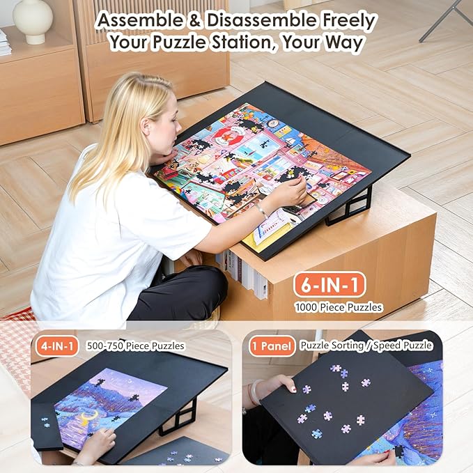 WELGEE 1000-Piecce Tilting Puzzle Board with Stand, 31” x 24” Lightweight Portable Puzzle Table for Adults & Seniors, DIY Customizable Puzzle Accessory Only 3.5 lbs (Black)