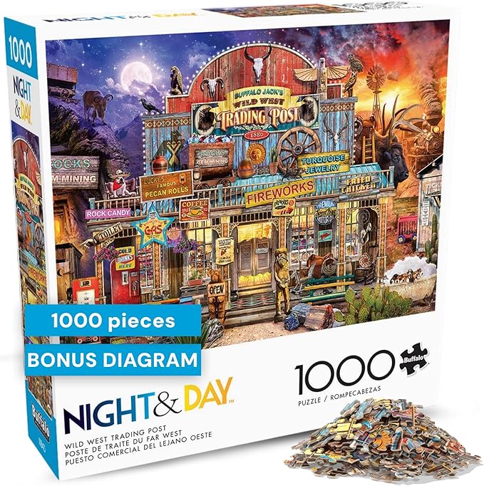Buffalo Games - 1000 Piece Jigsaw Puzzle Jeff Haynie Wild West Trading Post, Made in USA, Premium Recycled Board, Reference Diagram, Giftable Colorful Art