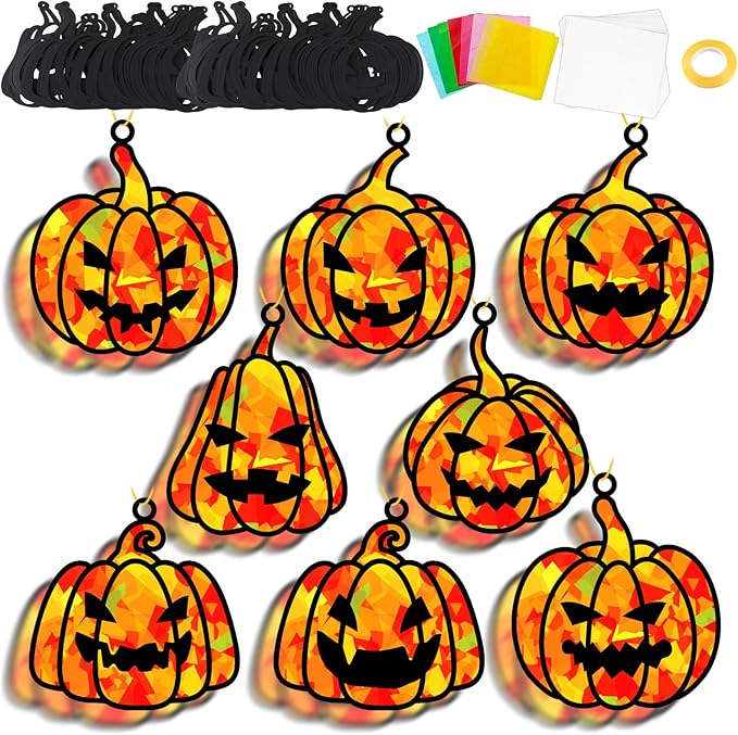 32 Sets Fall Halloween Pumpkin Suncatchers Craft Kit DIY Window Stained Glass Effect Halloween Pumpkin Paper Craft Home School Classroom Decoration Kid Birthday Gift Creative Art Project Activity Game
